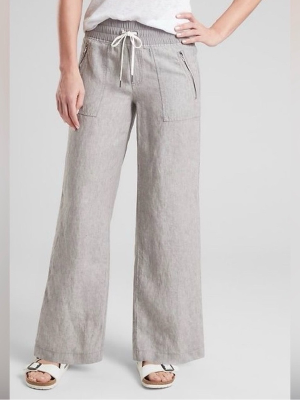 Athleta Relaxed Wide-Leg Linen Pants in Light Gray